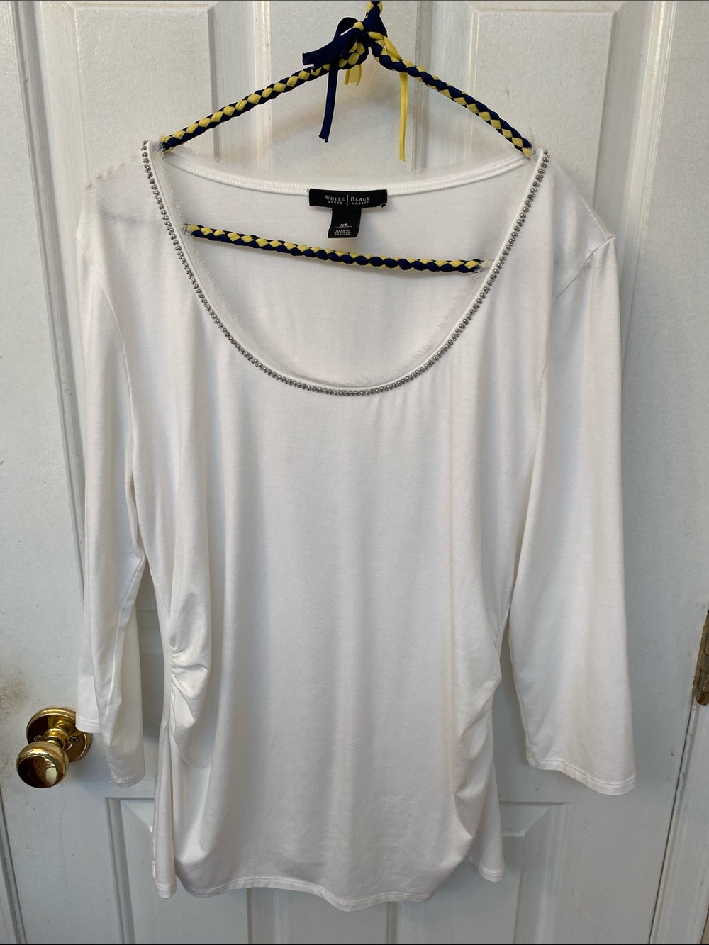 White House Black Market White Long-Sleeve Scoop Neck Top with Beaded Trim